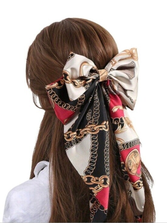 None Accessories - Chain-Print Bow Hair Scarf - Black, Red, Cream
